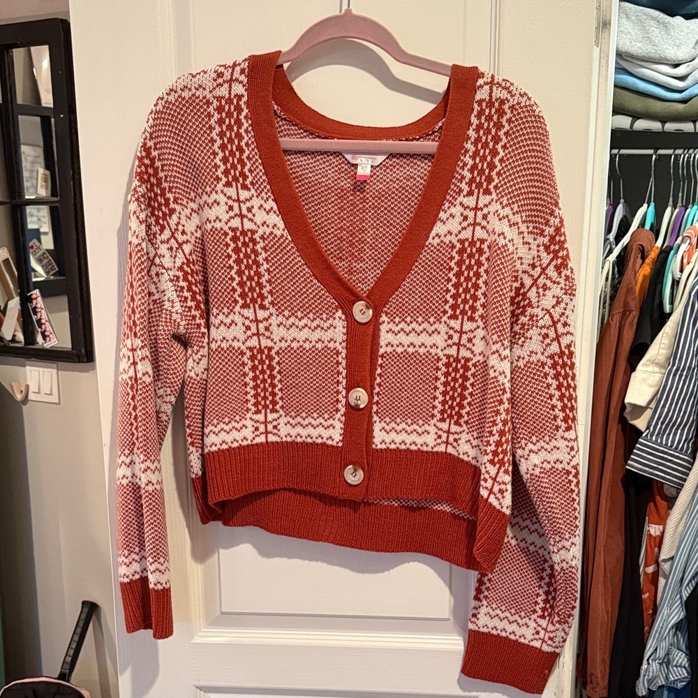 No Boundaries Rust and Cream Plaid Button-Front Cardigan